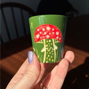 Green Ceramic Shot Glass with Red Mushroom Design Hand Painted